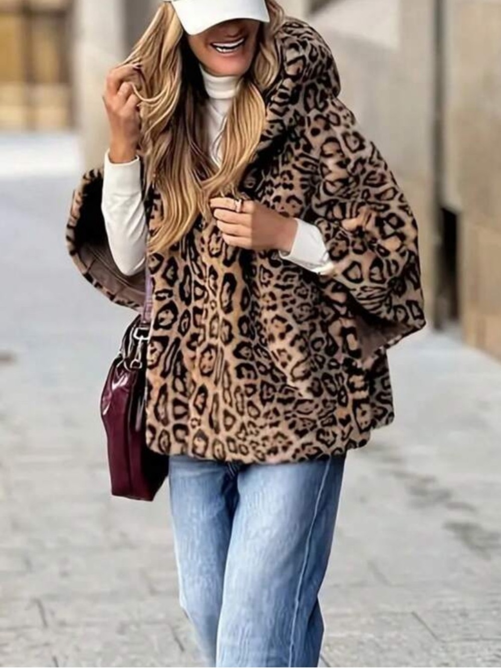 Luxe Leopard Print Faux Fur Zipper Hooded Jacket Brown New